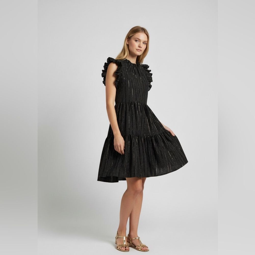 Ulla Johnson Tasmin Tunic Ruffle Dress Midnight Metallic Black Gold Stripe US 8